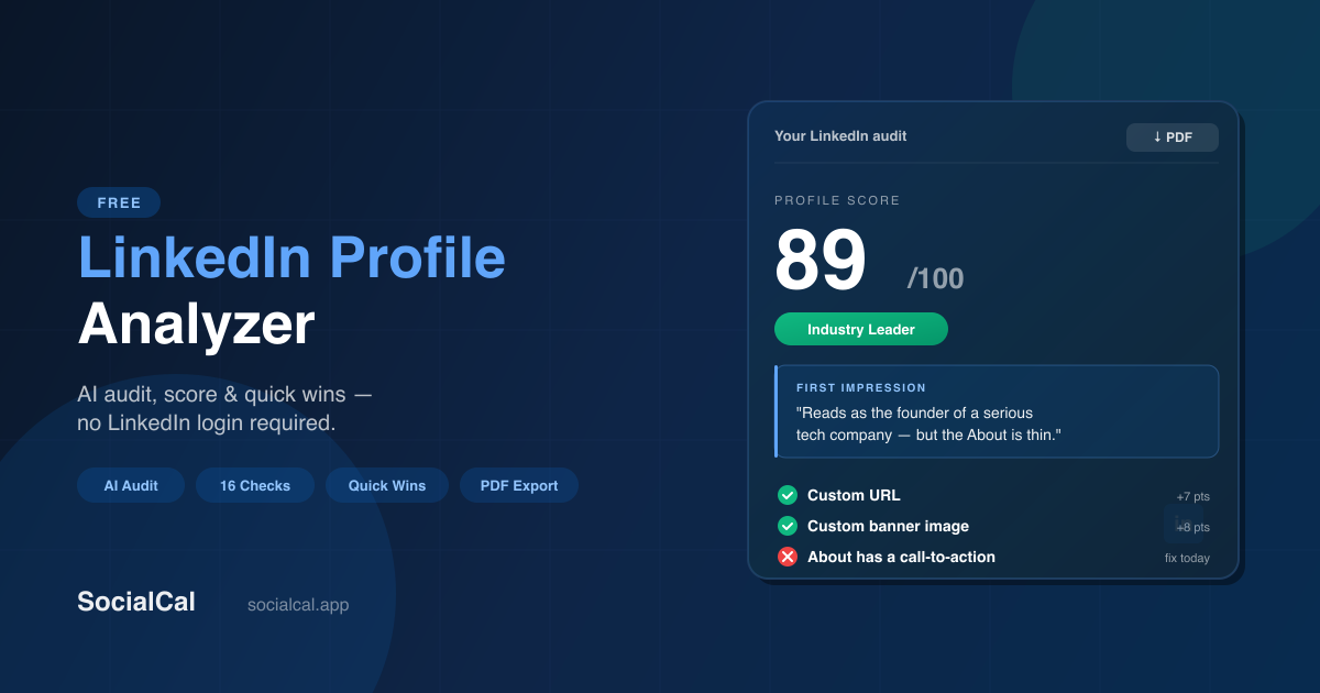 Scan Linkedin Profile Free LinkedIn Profile Analyzer — AI Audit, Score & Quick Wins | SocialCal
